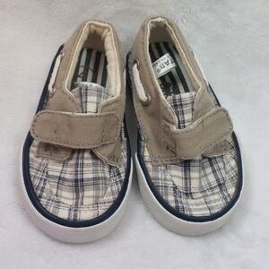 CIRCO INFANT BOYS TAN BLUE NEUTRAL PLAID PREPPY NAUTICAL BOAT SHOES SIZE 4
